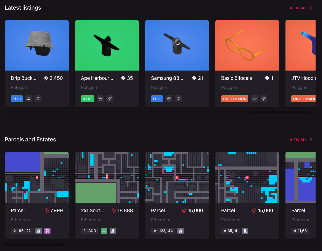 Screenshot of virtual clothes and land for sale on Decentraland's marketplace