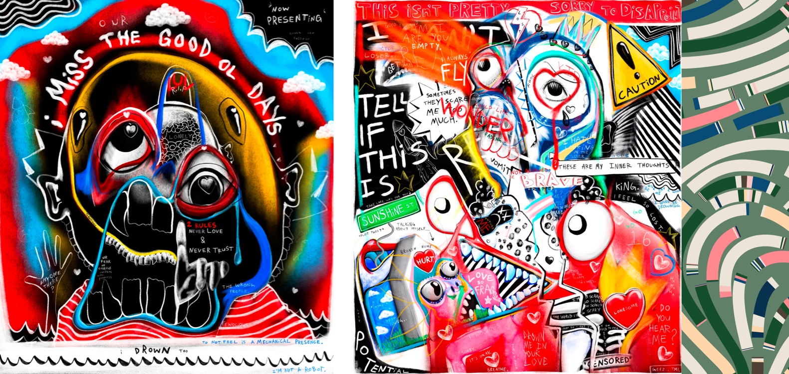 'I miss the good ol' days' and 'Story about a scared kid named Victor' by FEWOCiOUS, both auctioned off by Christie's