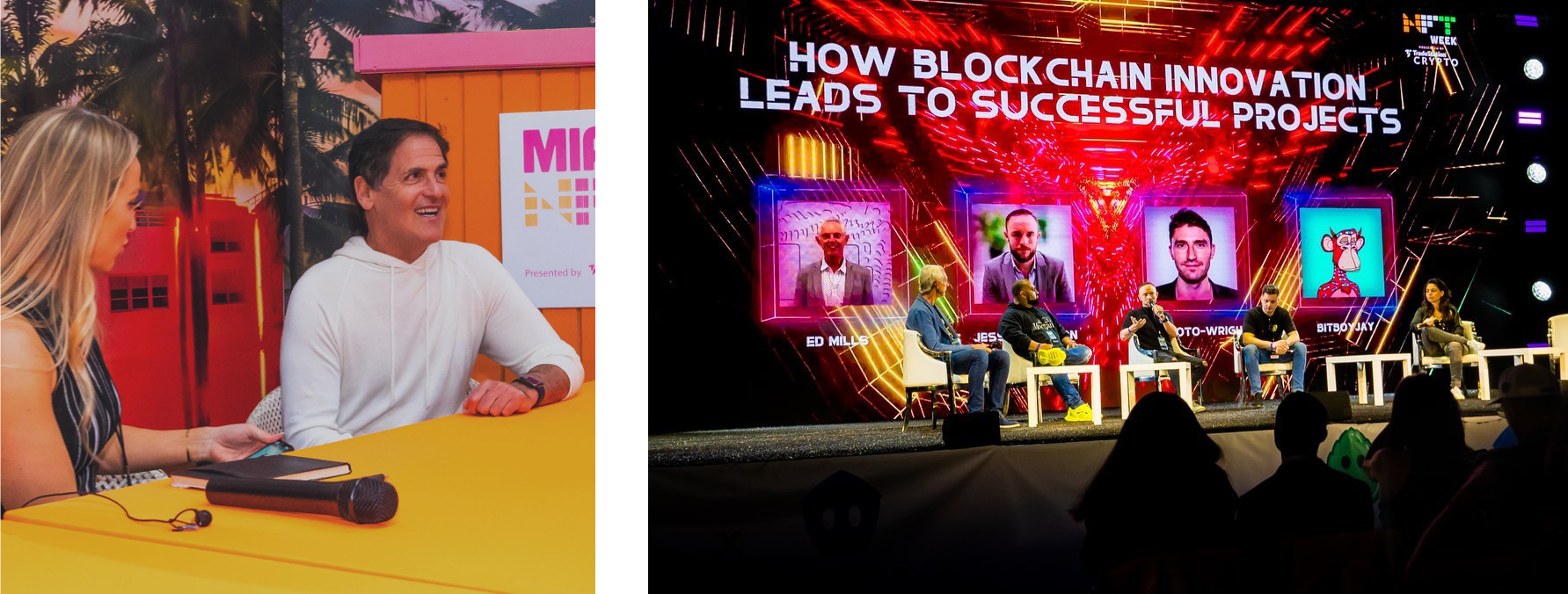 Two photos of different speakers at Miami NFT Week 2022