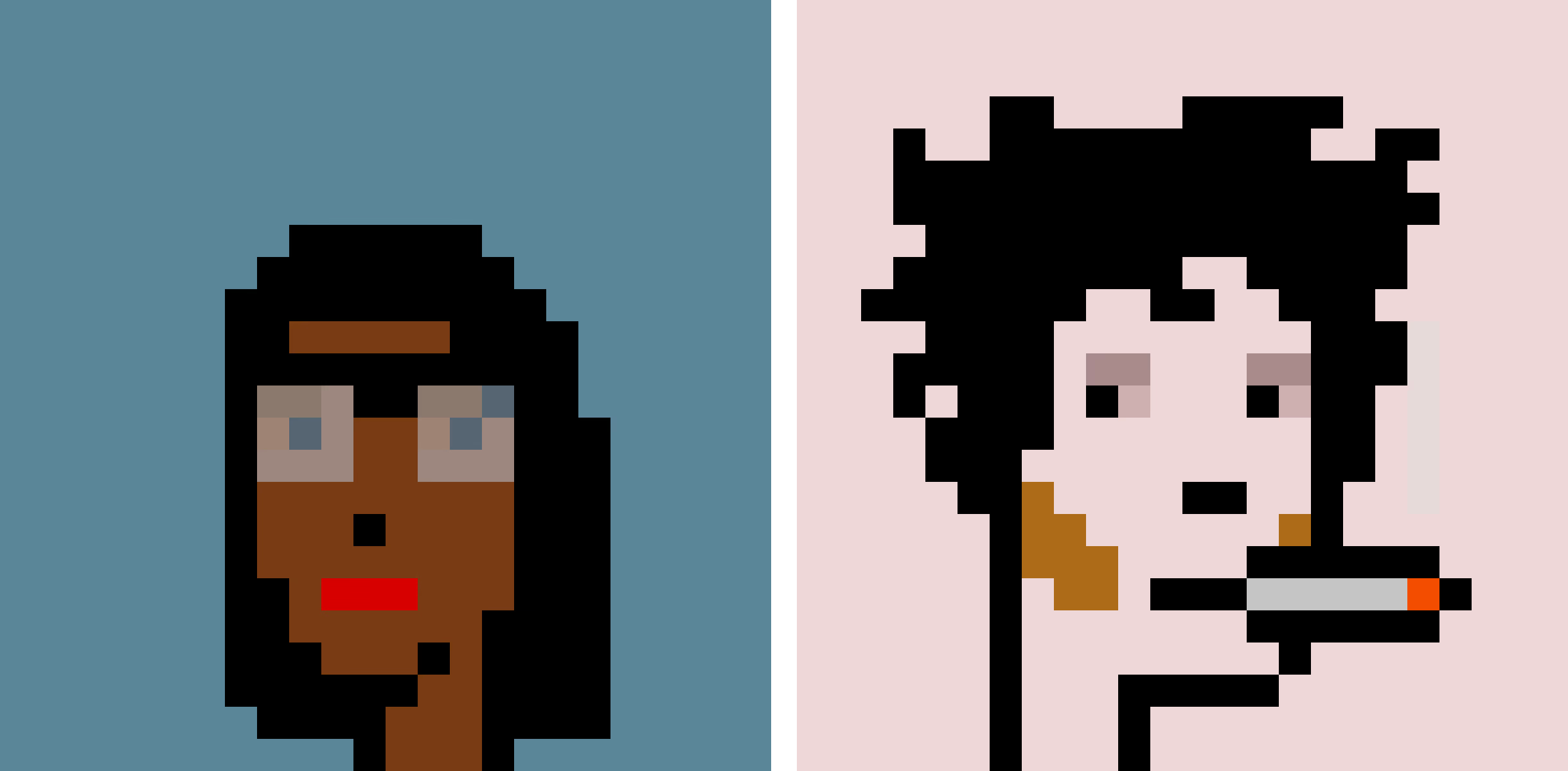 Two humanoid faces in the pixel art style, from the Phunks and Zunkz NFT collections