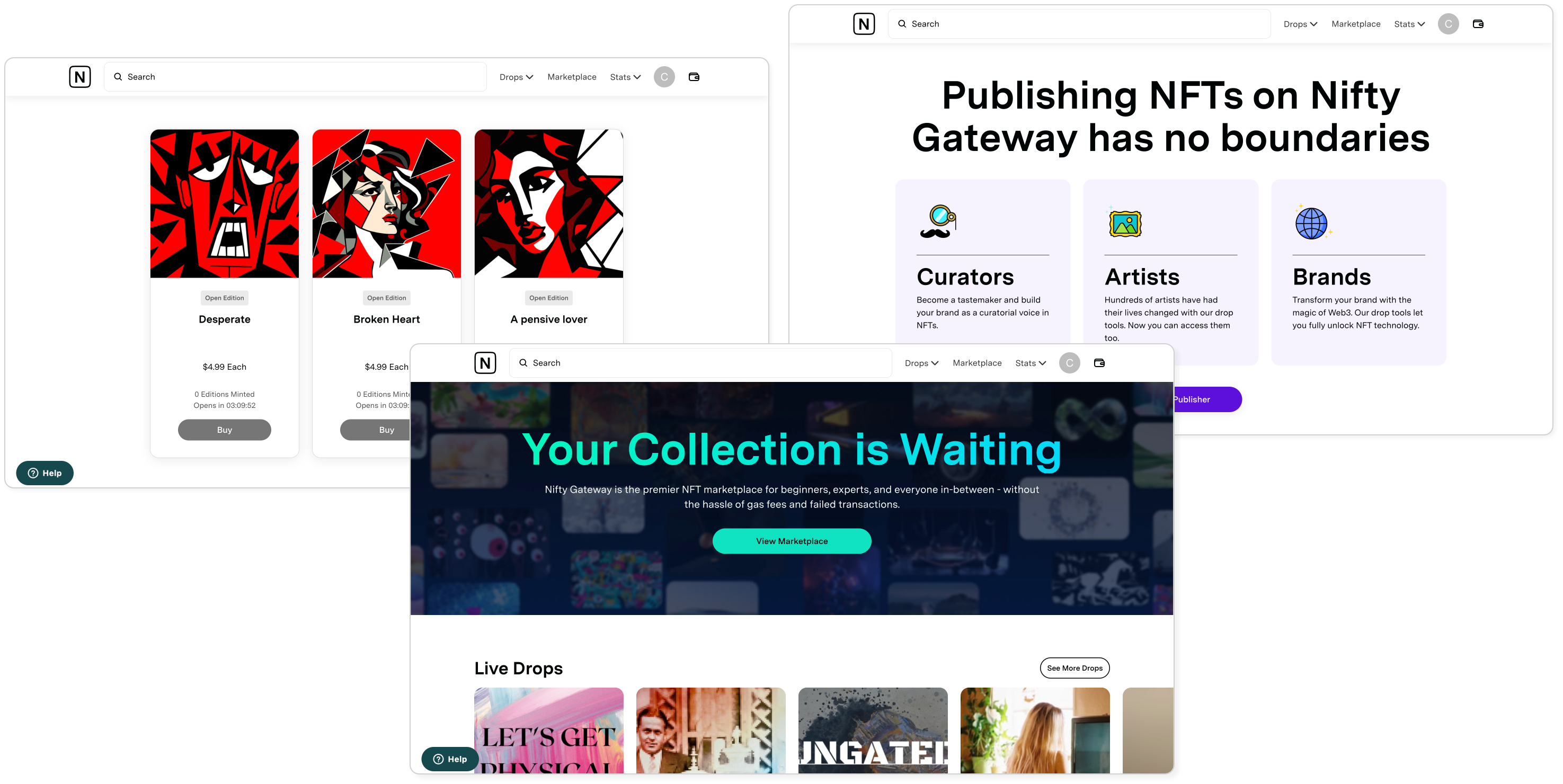 Three screenshots from the Nifty Gateway NFT marketplace
