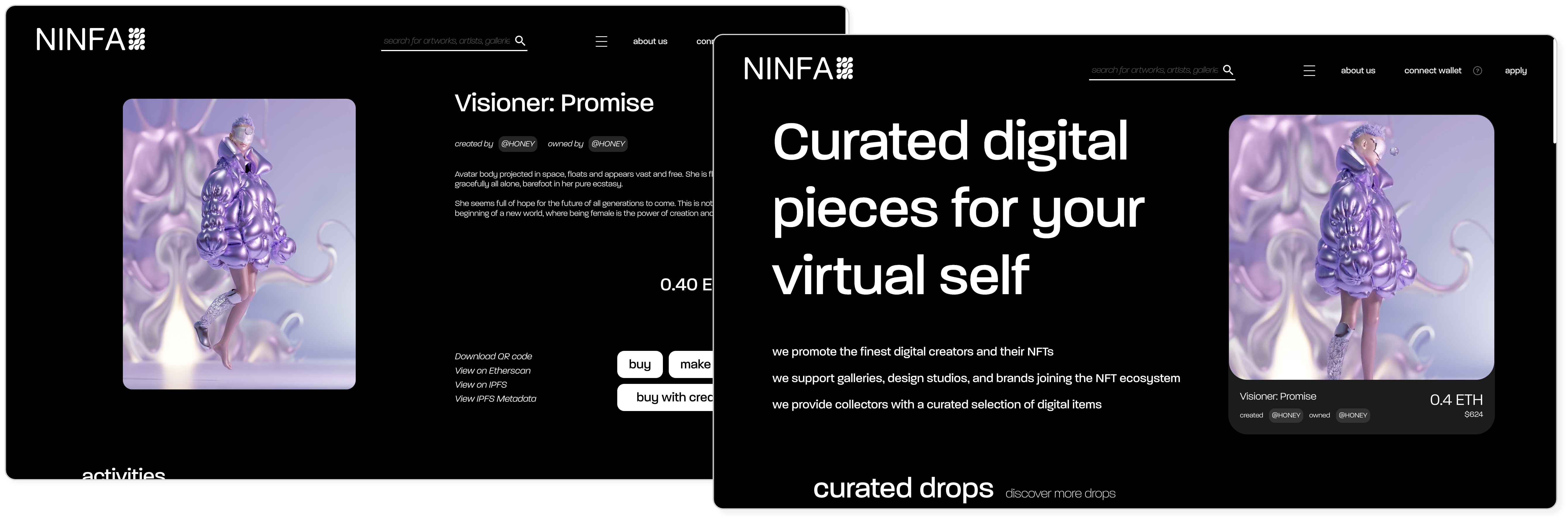 Two screenshots from the Ninfa NFT launchpad