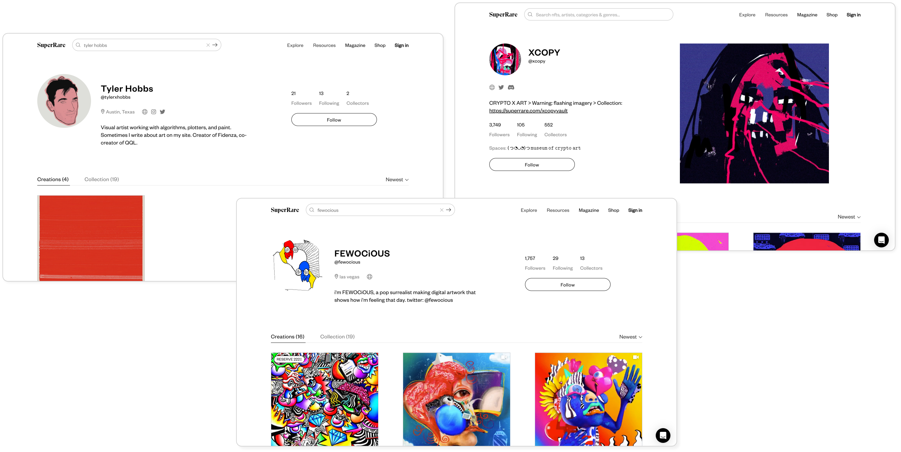 Three screenshots of artist profiles on the SuperRare NFT launchpad